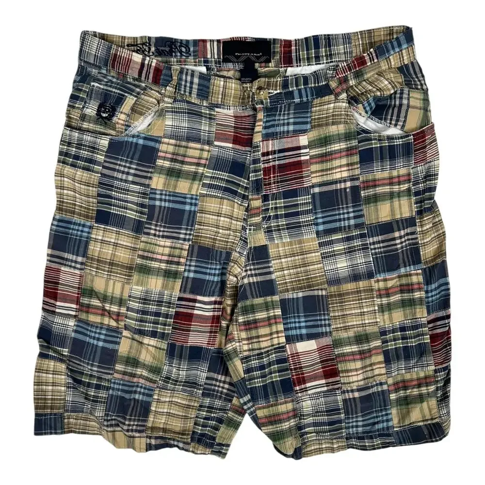 Vintage Phat Farm Shorts Mens 36 Multicolor Madras Plaid Patchwork Y2K Prep READ
